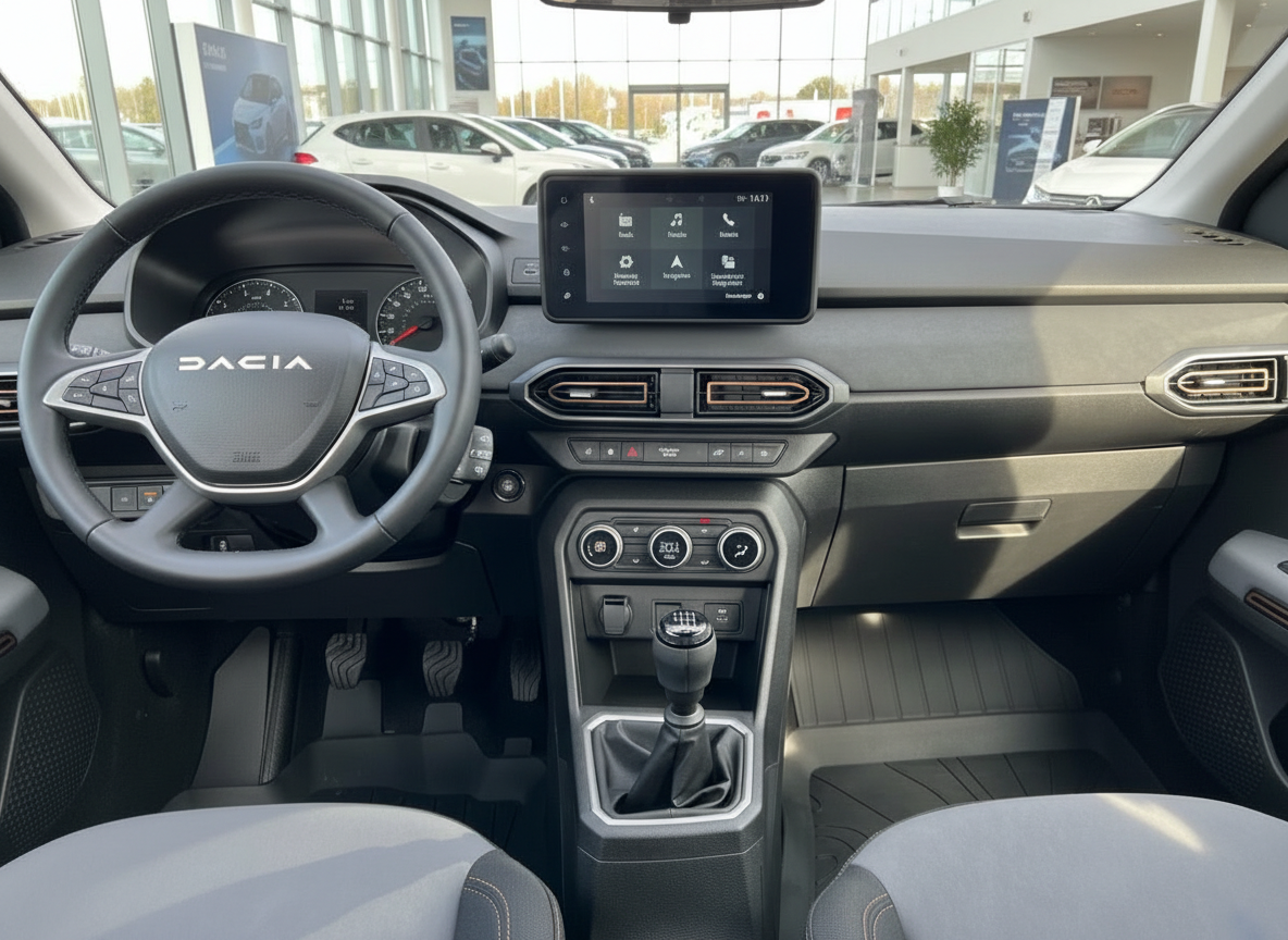 Dacia Innenraum mit Lenkrad, Touchscreen-Infotainment und manuellem Schaltgetriebe