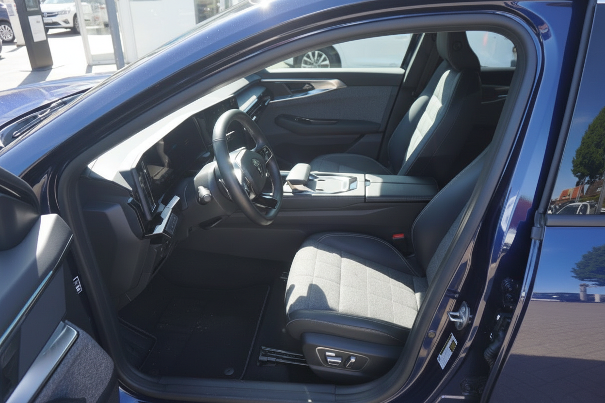 Modernes Fahrzeug Innenraum mit grauen Stoffsitzen, Lederlenkrad und digitalem Cockpit