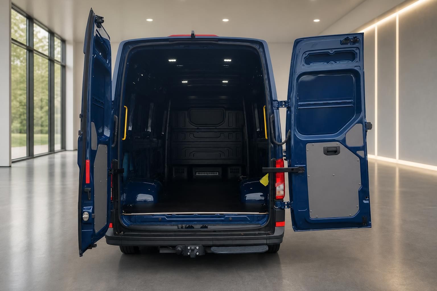 Blauer Transporter Laderaum mit geöffneten Hecktüren im Showroom