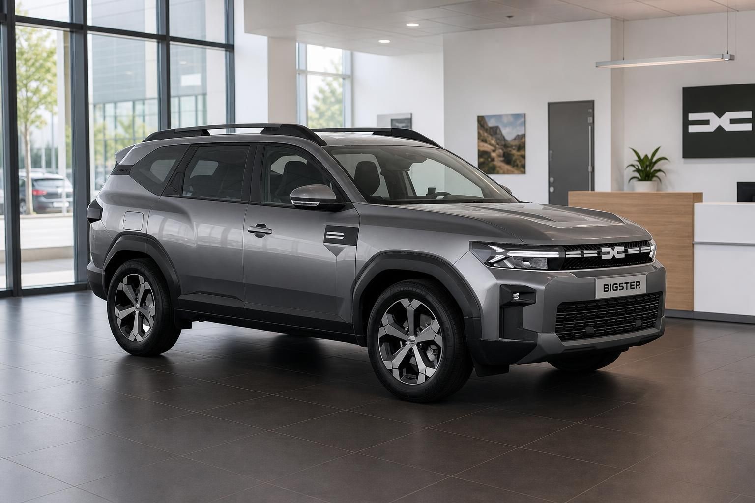 Dacia Bigster in Grau, Frontansicht im Showroom