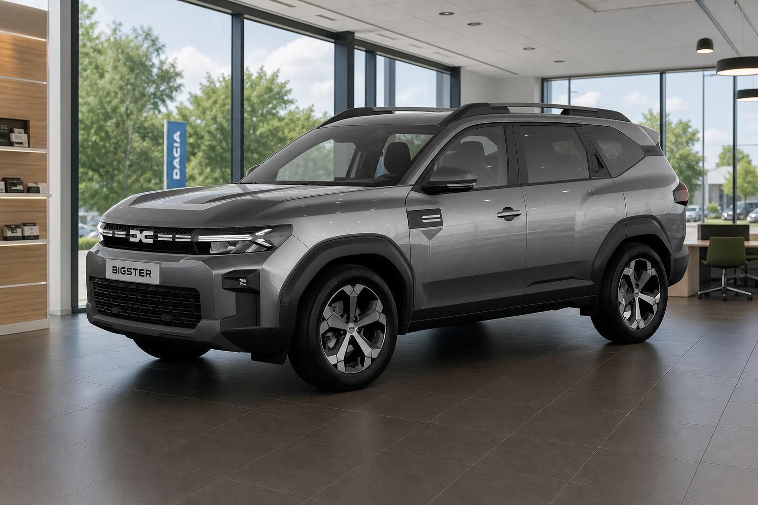 Dacia Bigster Frontansicht grau, SUV im Verkaufsraum