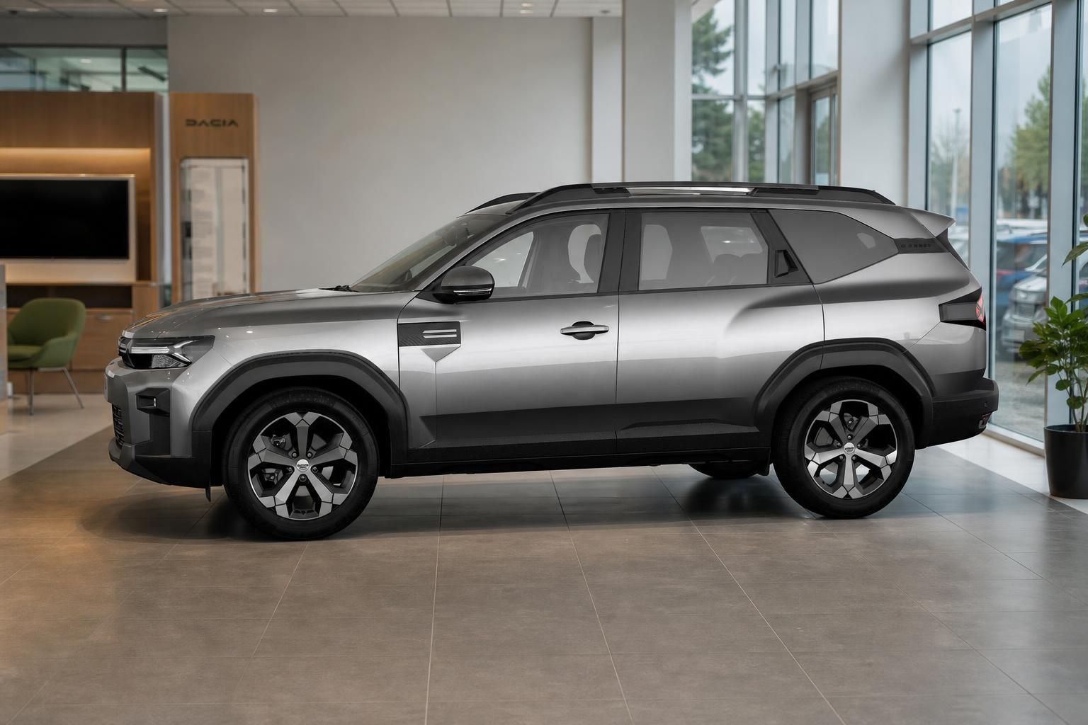 Dacia Bigster in Silber, Seitenansicht im Autohaus-Showroom