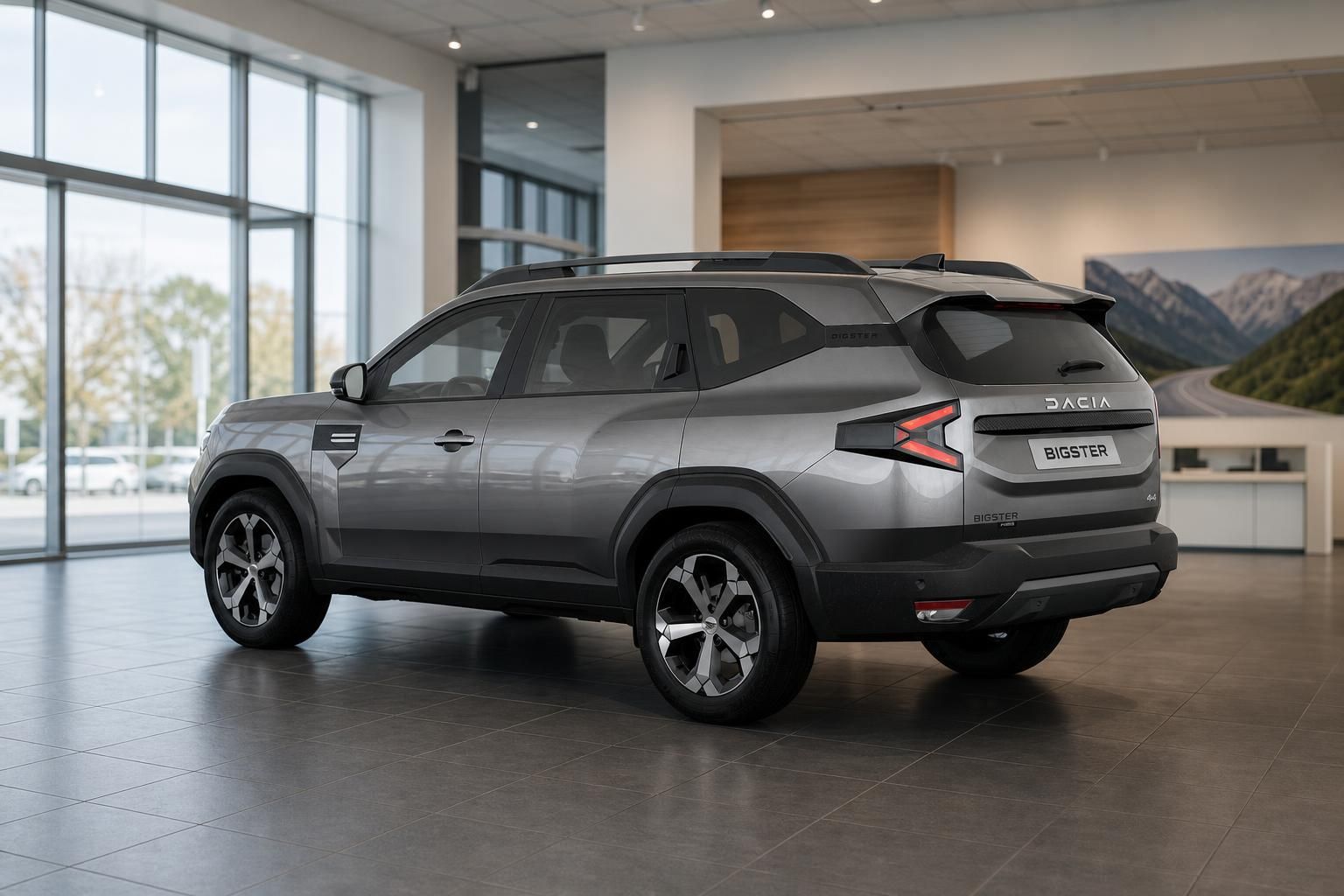 Dacia Bigster Heck-Seitenansicht, SUV in grau im Showroom