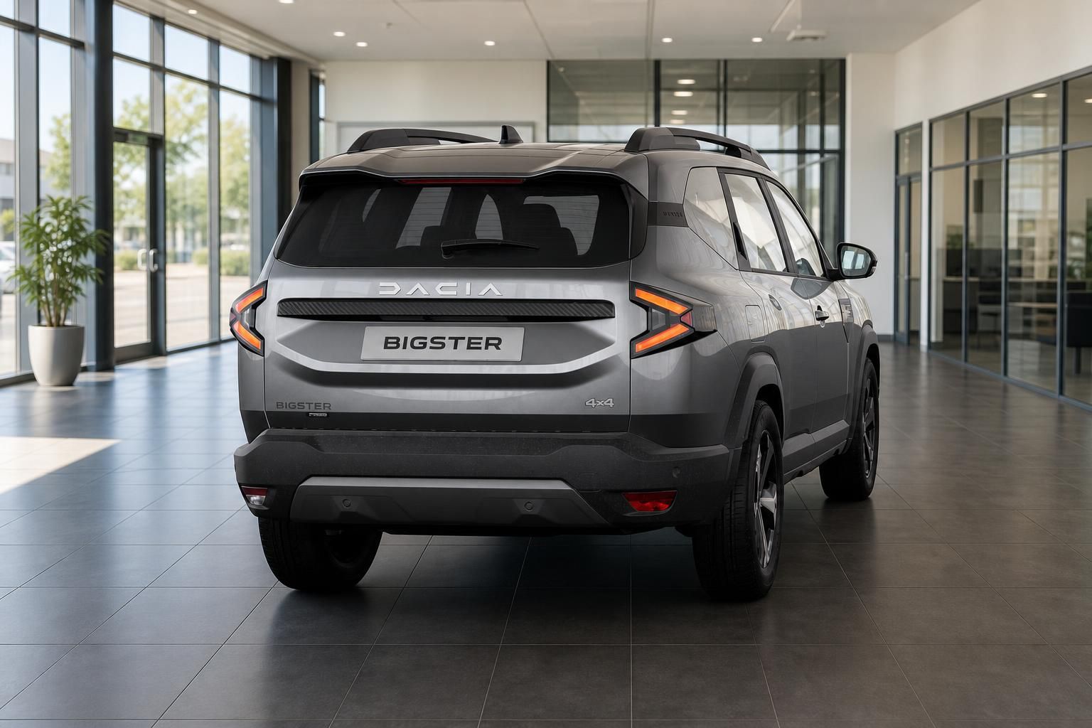 Dacia Bigster 4x4 in Grau, Heckansicht im Autohaus-Showroom