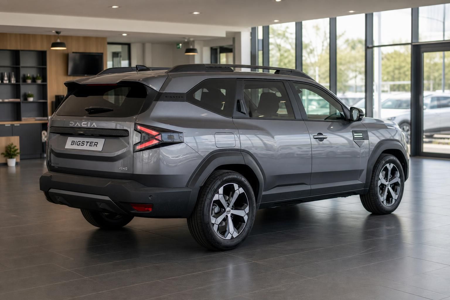 Dacia Bigster 4x4 Grau, Heck-Seitenansicht im Showroom