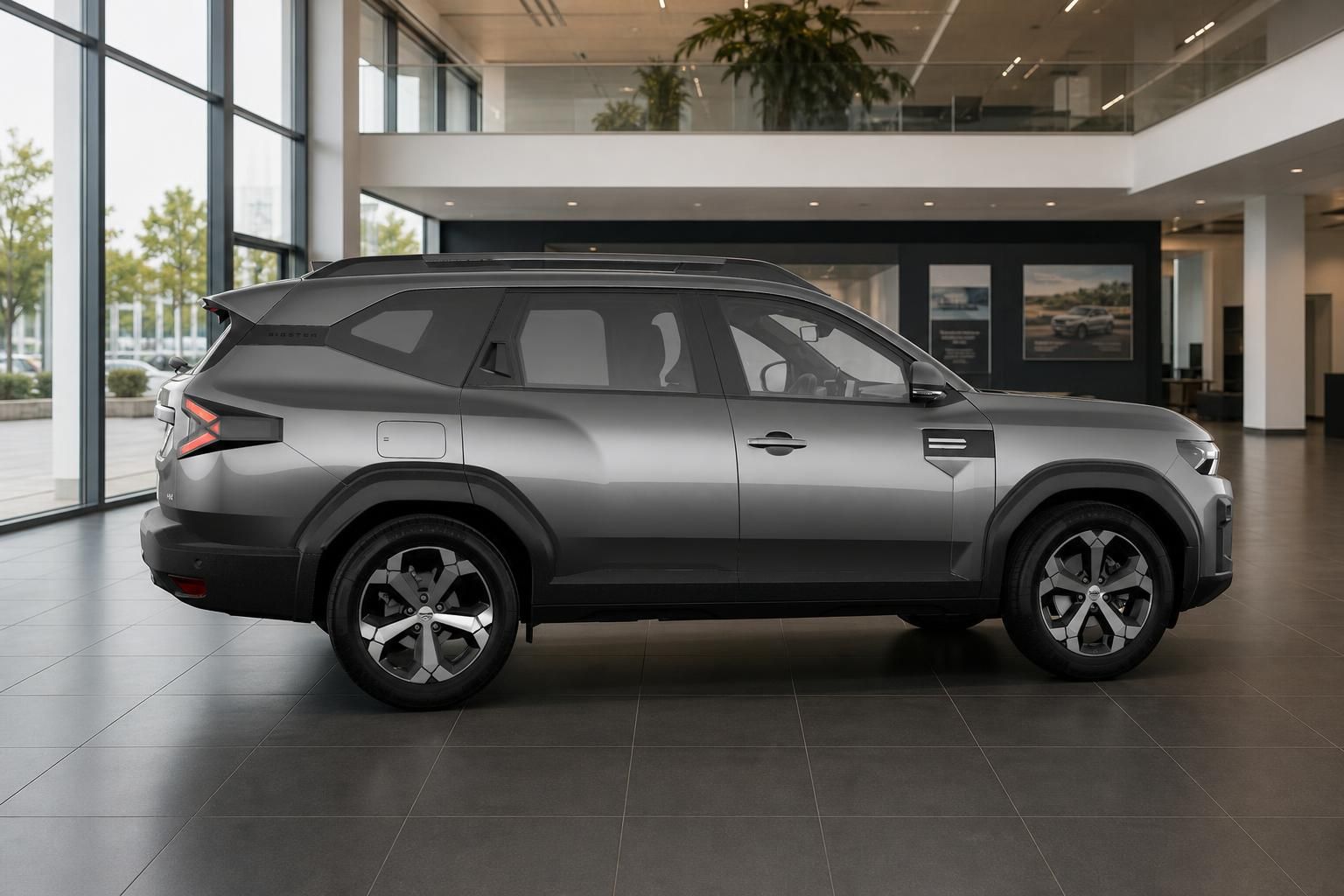 Dacia Bigster in Grau, Seitenansicht im modernen Autohaus