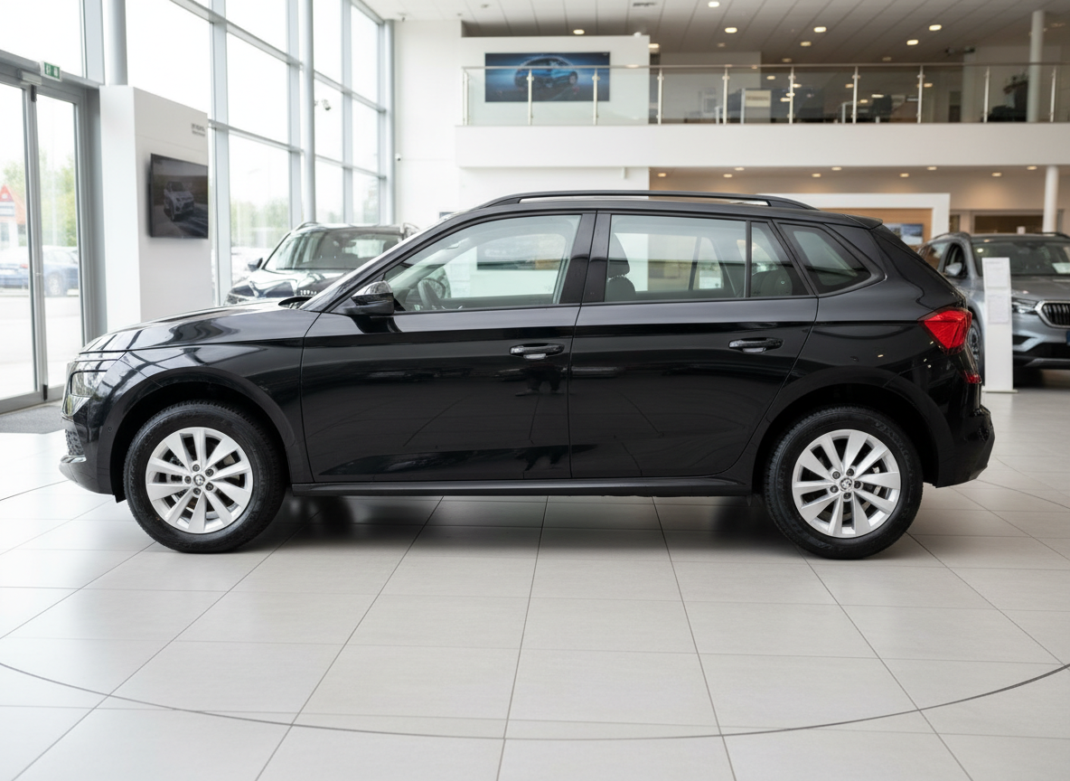 Schwarzer Škoda Kamiq SUV Seitenansicht im Autohaus Showroom