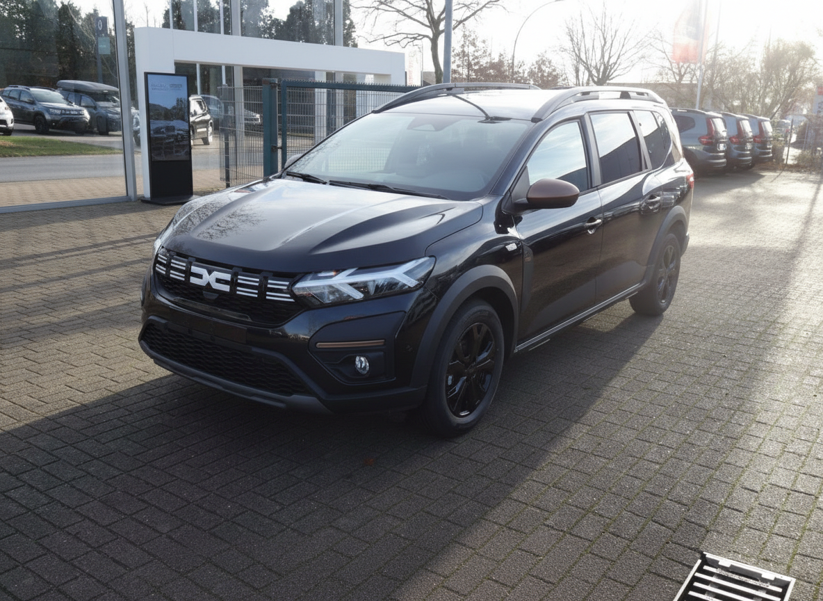 Schwarzer Dacia Jogger Extreme auf Händlerparkplatz – Frontansicht