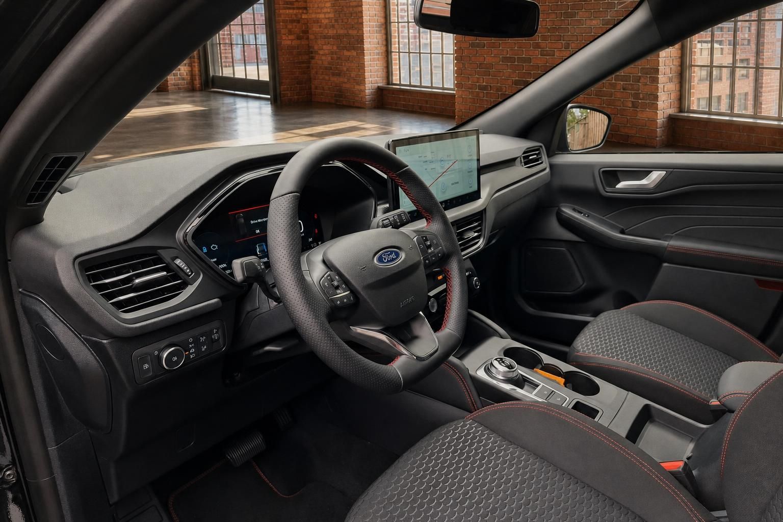 Ford Innenraum Cockpit mit Lenkrad, Digitaldisplay und Sportsitzen in Rot-Schwarz