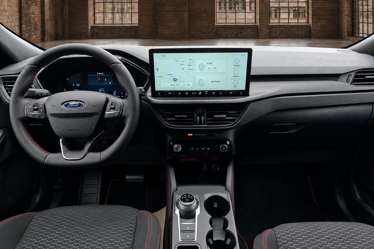 Ford Fahrerinnenraum mit Lenkrad und großem Infotainment Display
