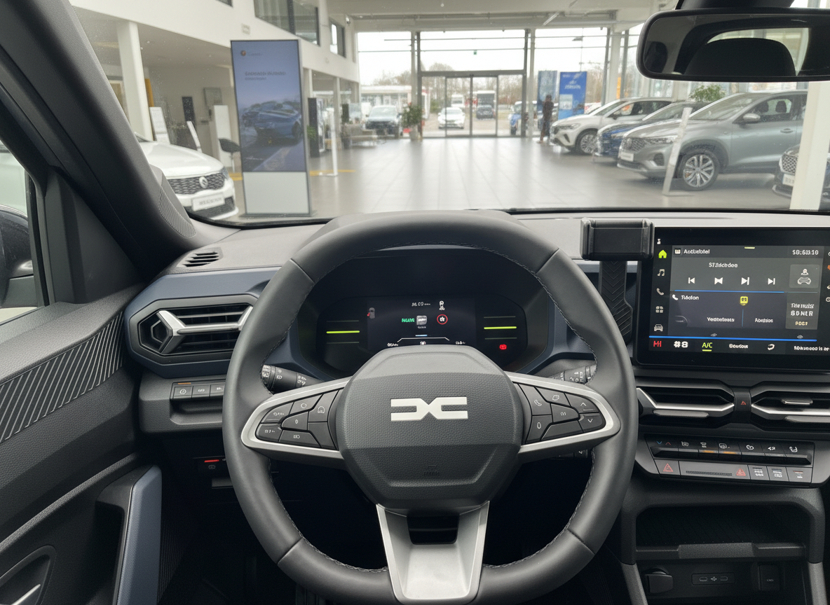 Dacia Innenraum mit Lenkrad, digitales Cockpit und Infotainment-Bildschirm im Autohaus