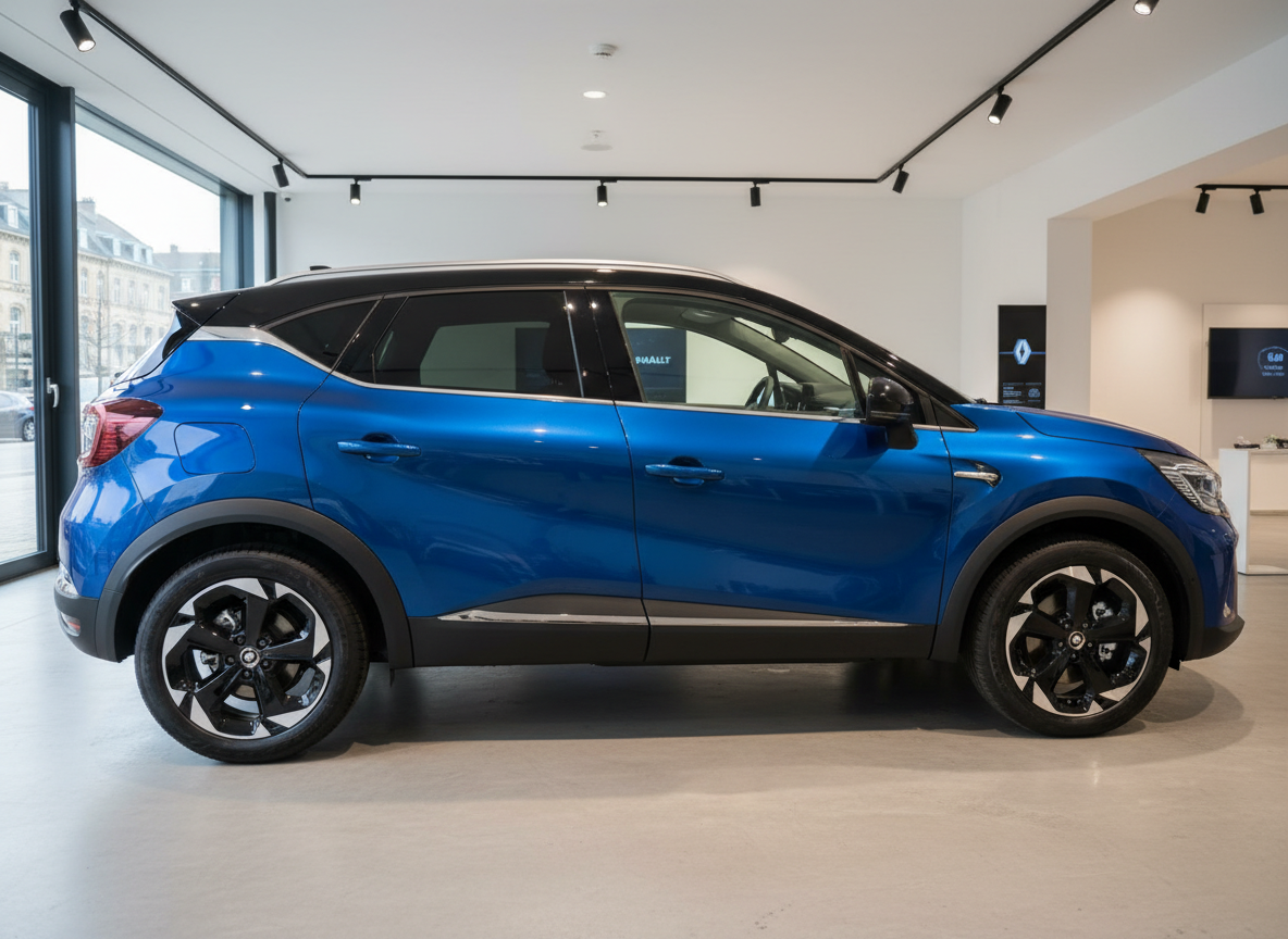 Renault Captur in Blau-Metallic Seitenansicht im Autohaus Showroom