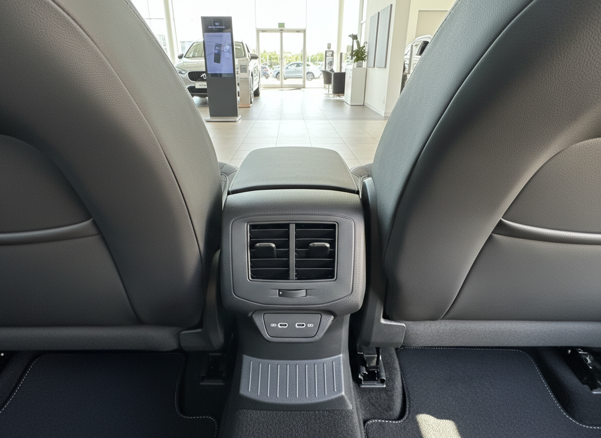Fahrzeuginnenraum Rücksitzbereich mit Klimadüsen, USB-Anschlüssen und Mittelkonsole im Autohaus