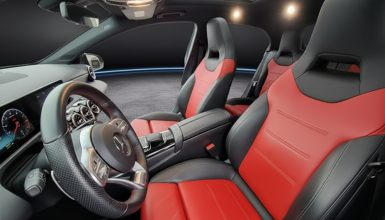Mercedes-AMG Innenraum mit roten Sportsitzen und AMG Sportlenkrad in Schwarz-Rot