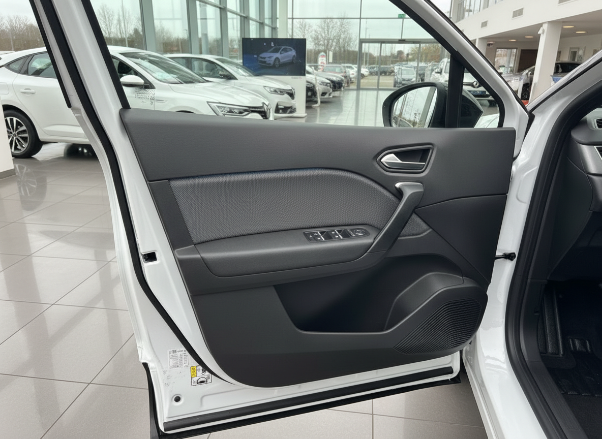 Fahrzeuginnenraum weiße Limousine – Fahrertür geöffnet mit schwarzem Türverkleidung und Fensterheber