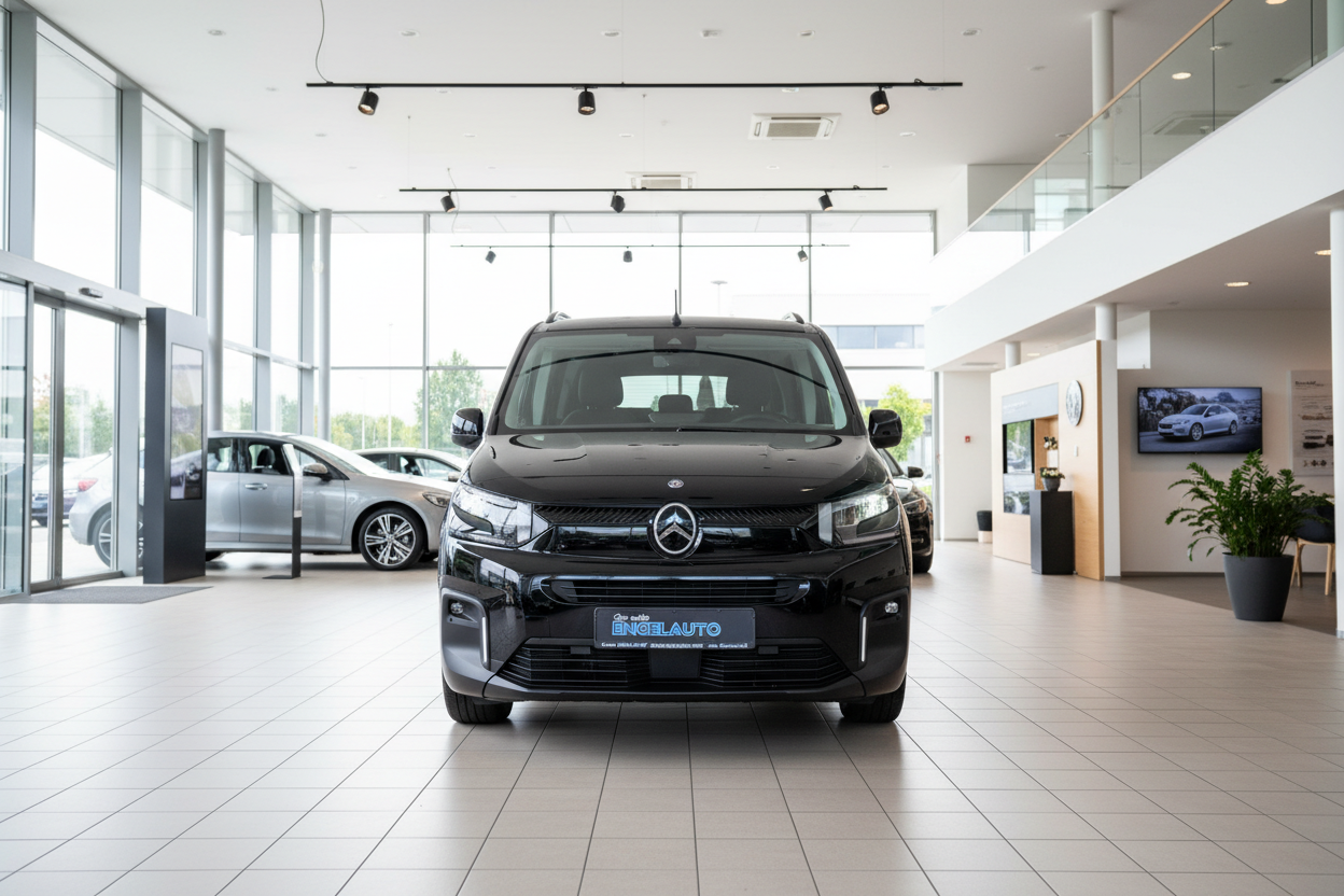 Schwarzer Mercedes-Benz Vito Transporter Frontansicht im Autohaus Engelauto Showroom mit modernem Interieur und Glasfassade
