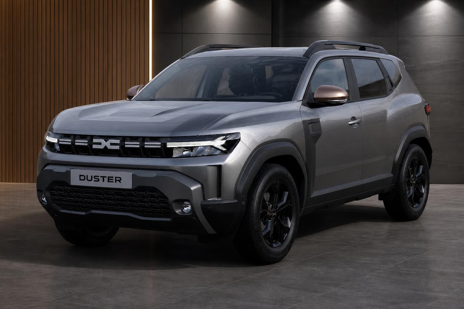 Dacia Duster SUV Schrägansicht vorn links in grau - robustes Design mit Panoramadach
