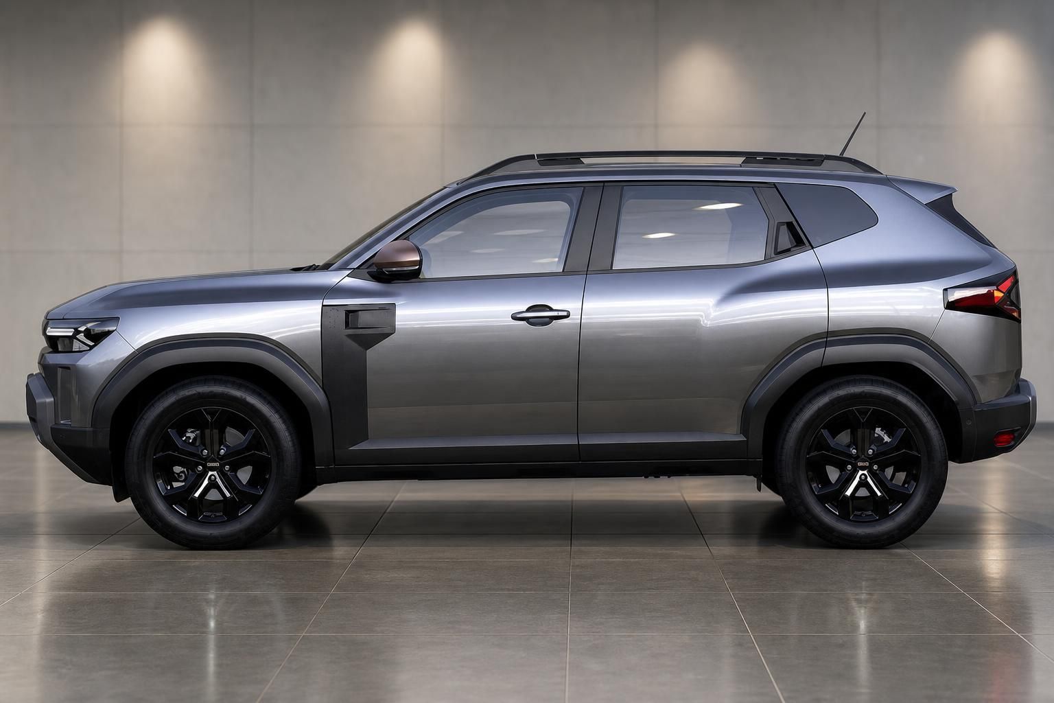 Dacia Duster SUV Seitenansicht rechts in grau metallic mit schwarzen Felgen und Kunststoffschutz