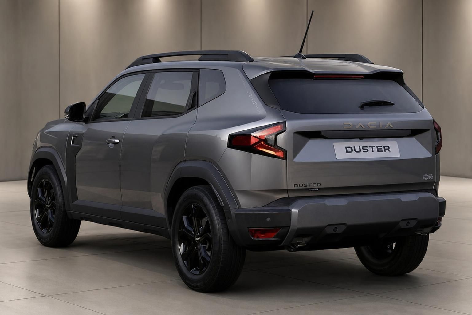 Dacia Duster SUV in grau, Heckansicht mit schwarzen Felgen und modernem Design