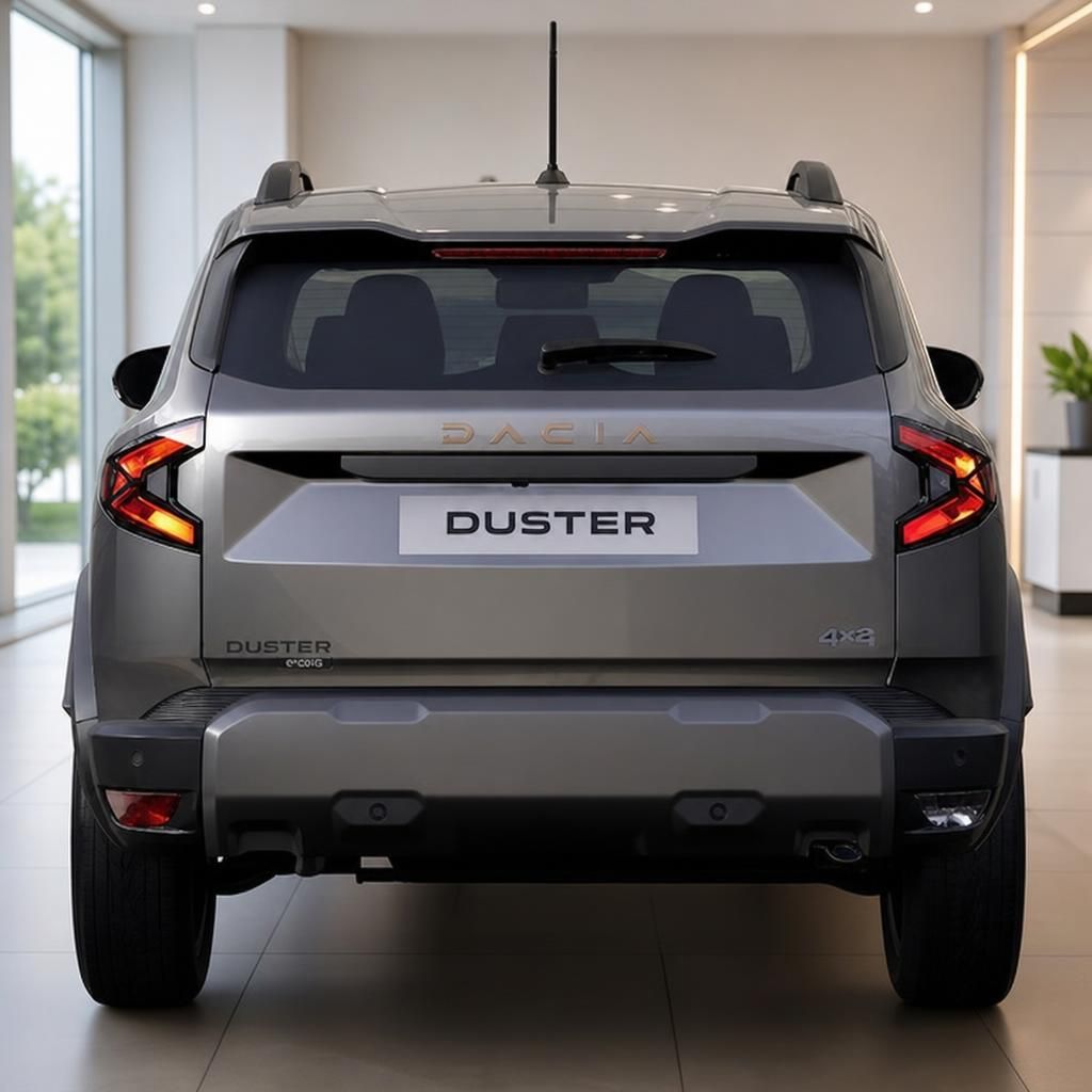 Dacia Duster Heckansicht in grau im Autohaus-Showroom mit LED-Rückleuchten