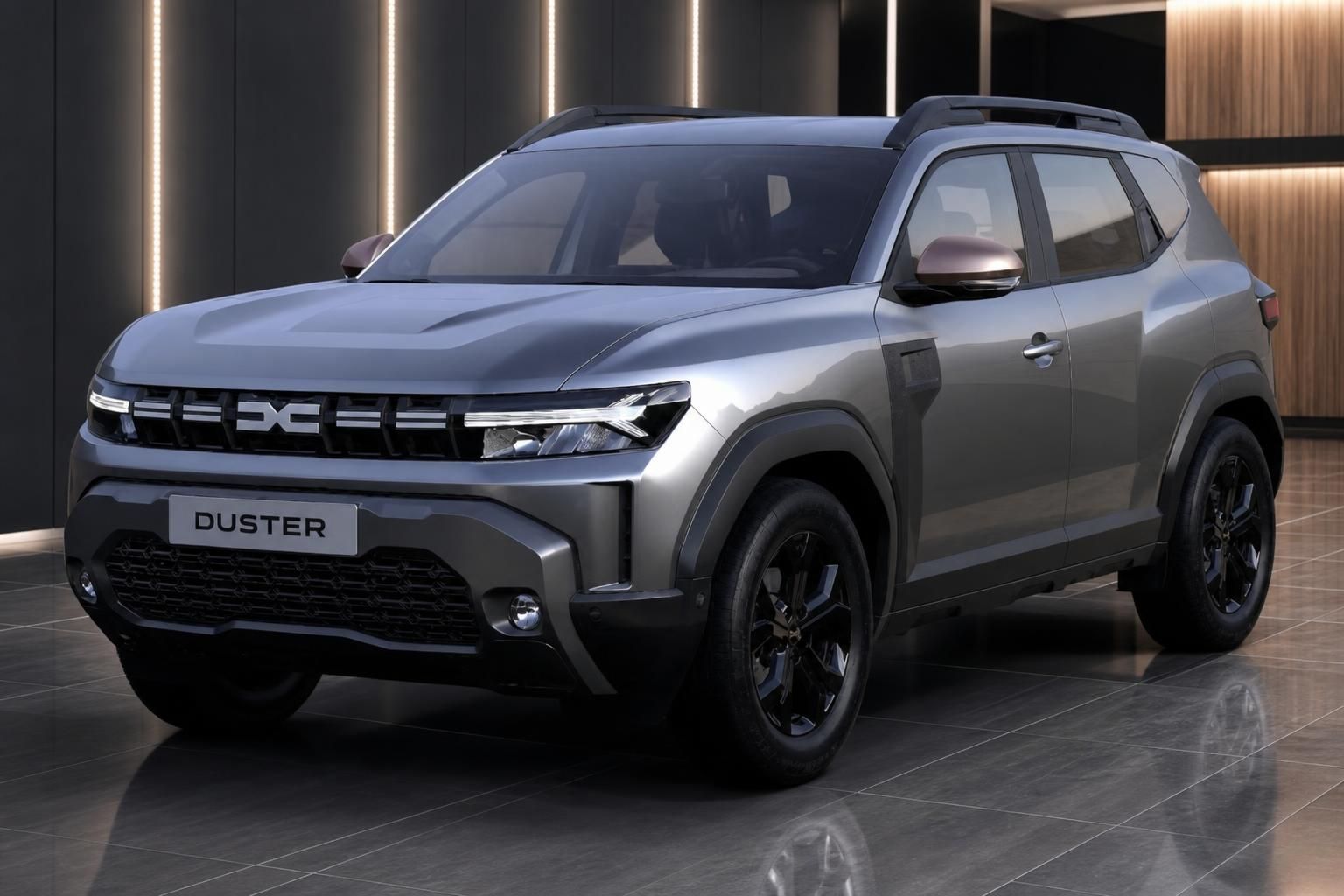 Dacia Duster Front-Schrägansicht in silber mit LED-Scheinwerfern und markanter Kühlergrill