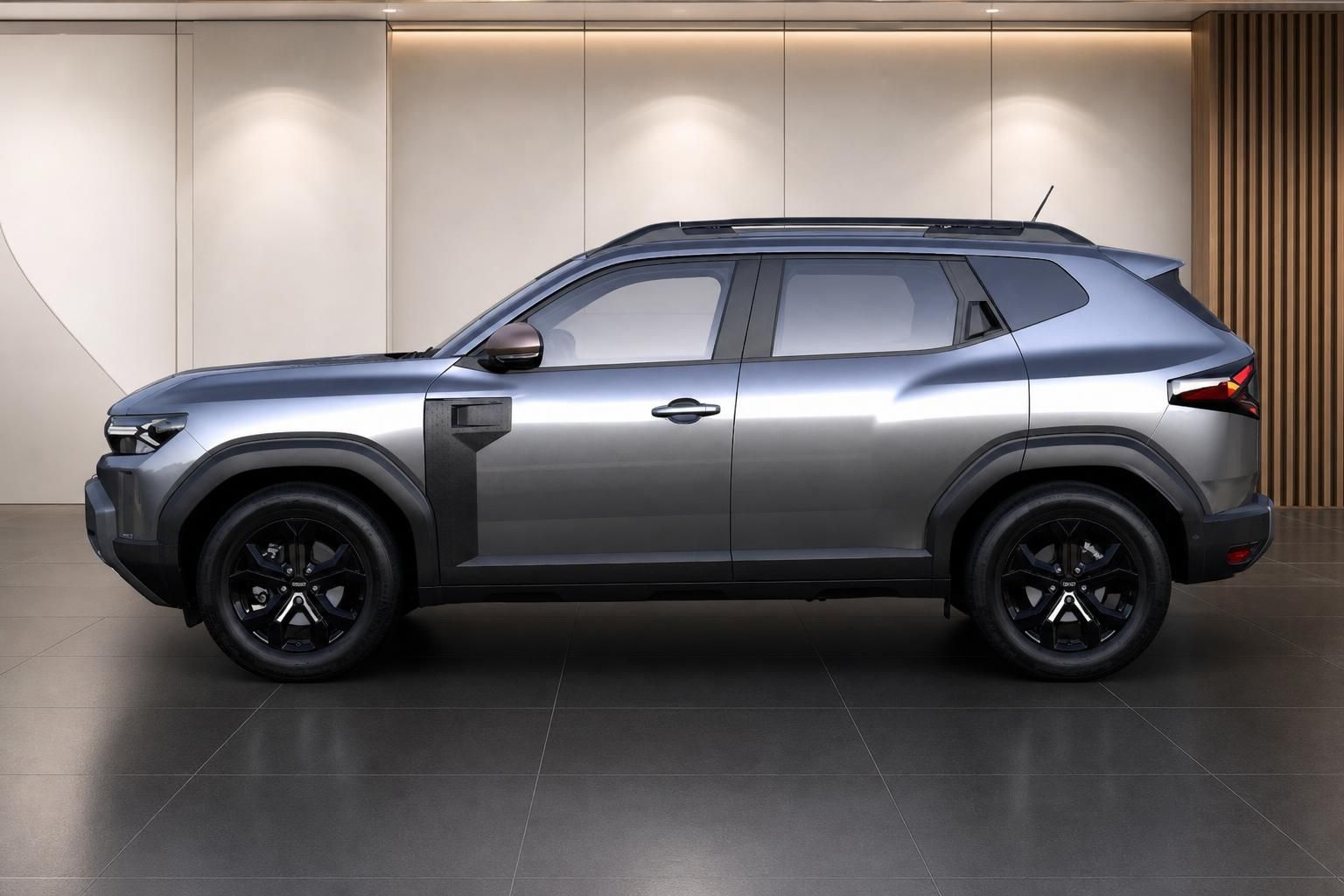 Dacia Duster SUV silber Seitenansicht mit schwarzen Felgen im modernen Showroom