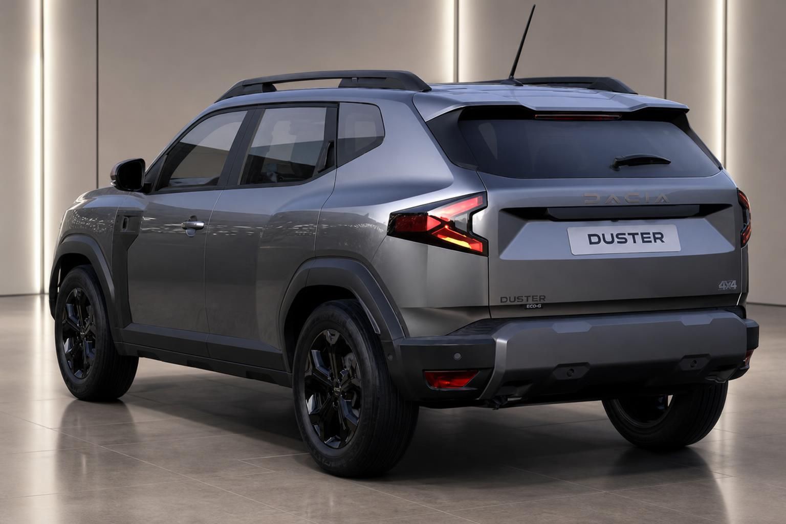 Dacia Duster Heckansicht schräg mit modernen LED-Rücklichtern und Dachspoiler