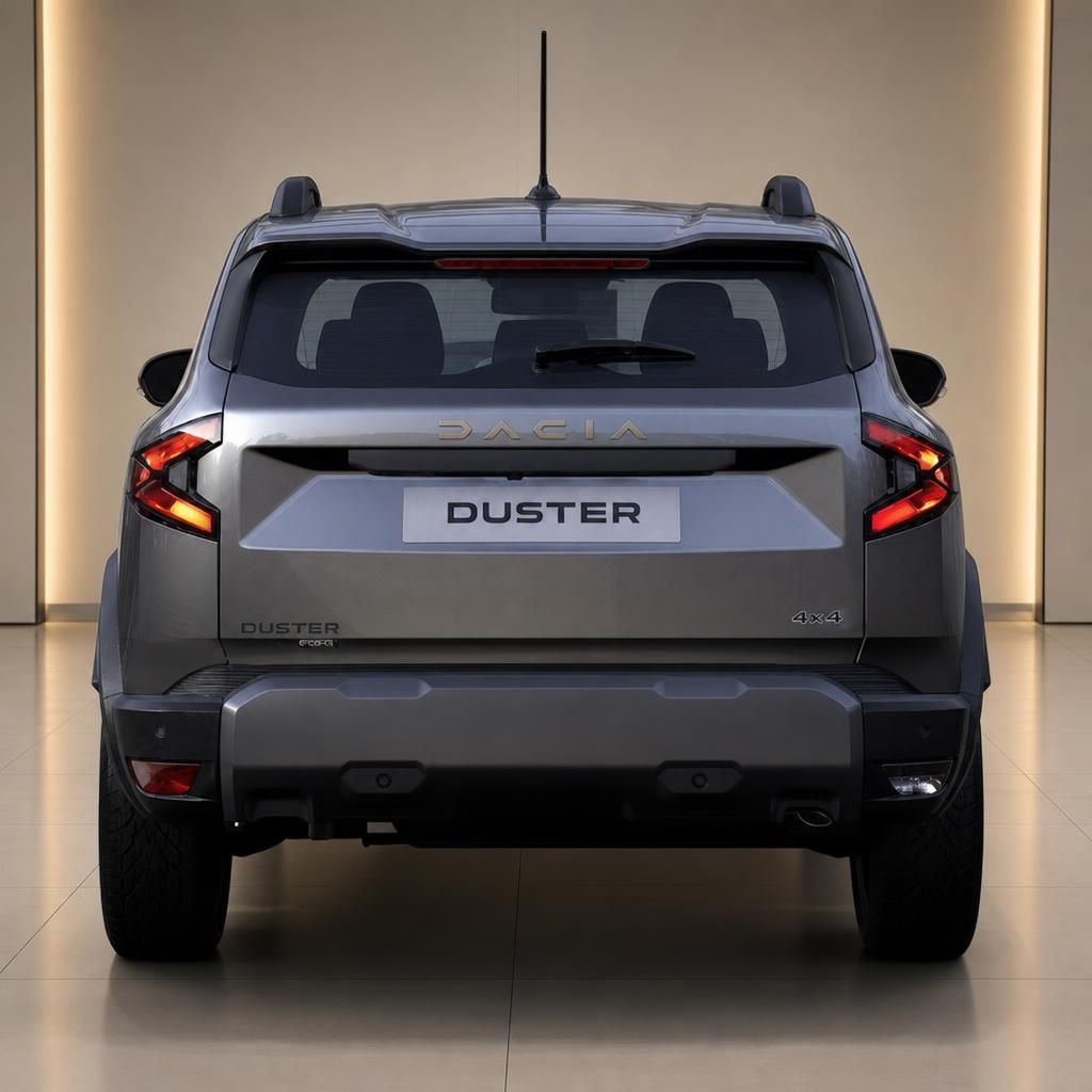 Dacia Duster Heckansicht direkt mit DUSTER Schriftzug und 4x4 Kennzeichnung