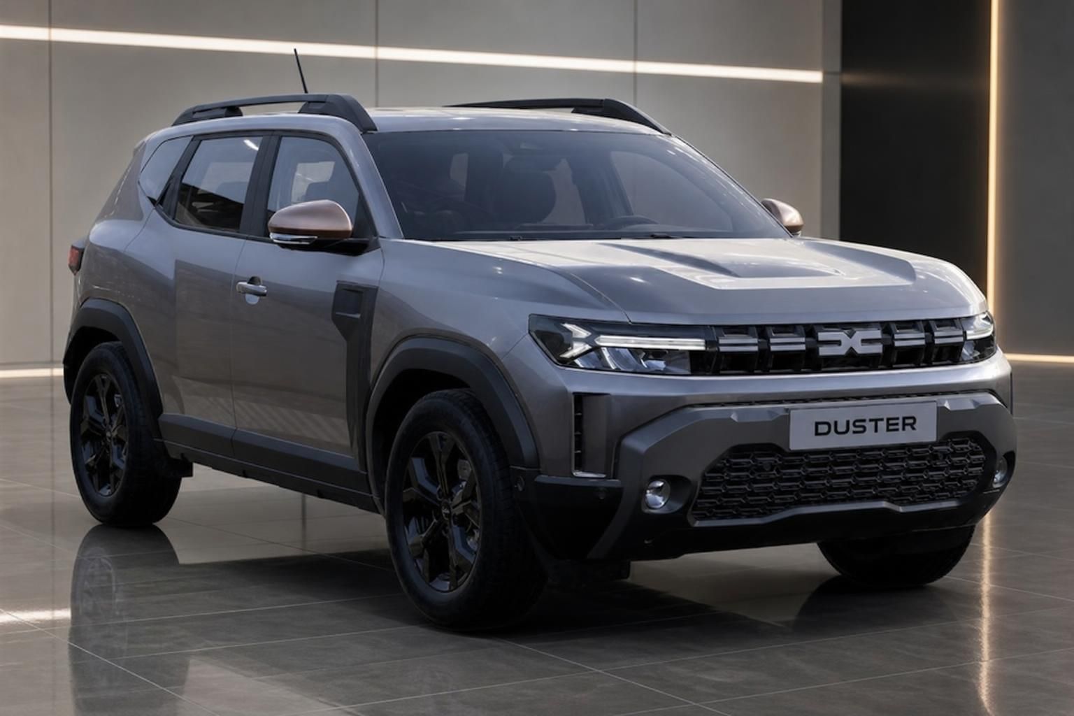 Dacia Duster Frontansicht in grau - moderner SUV mit LED-Scheinwerfern und schwarzer Ausstattung