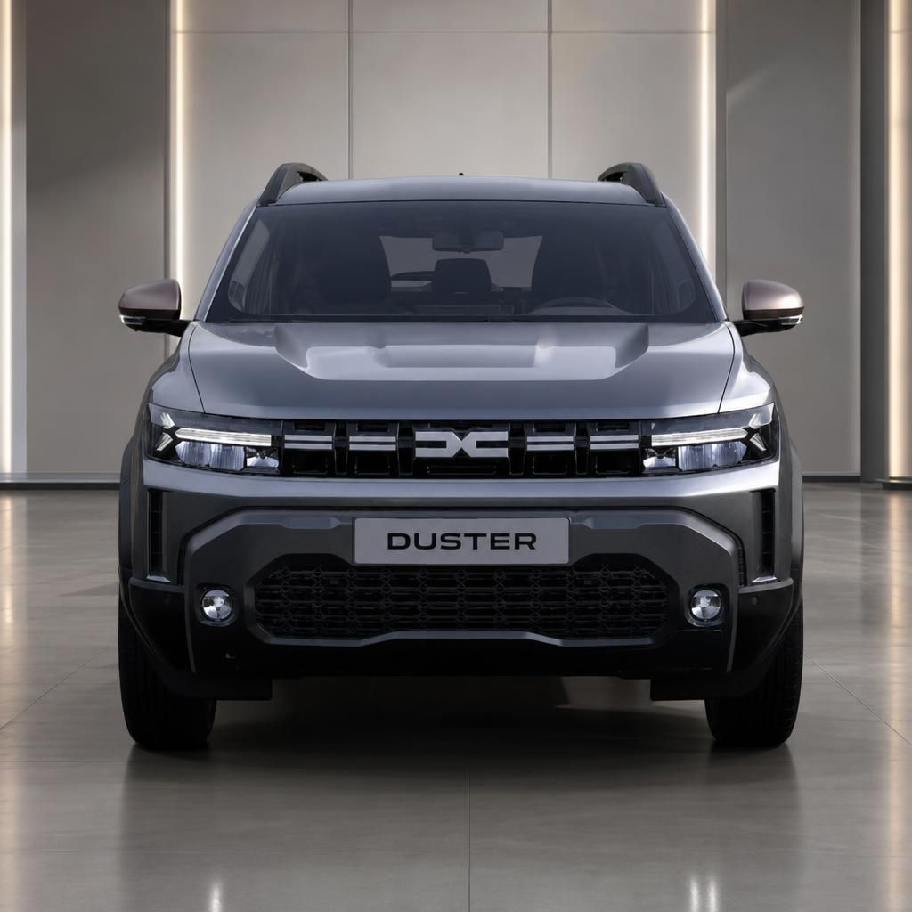 Dacia Duster Frontansicht grau metallic - SUV mit markanter Front und LED-Tagfahrlicht