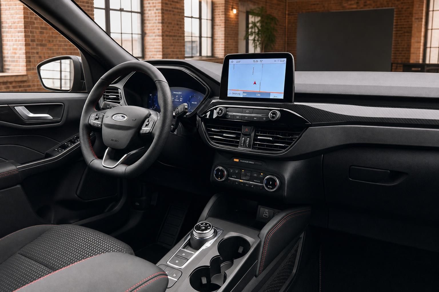 Ford Cockpit mit Lenkrad, Navigationsbildschirm und Mittelkonsole