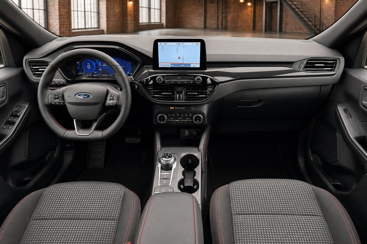Ford Cockpit Frontansicht mit Lenkrad und Infotainment Display