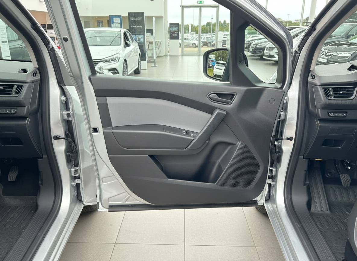 Silbernes Fahrzeug Innenraum mit geöffneter Fahrertür im Autohaus