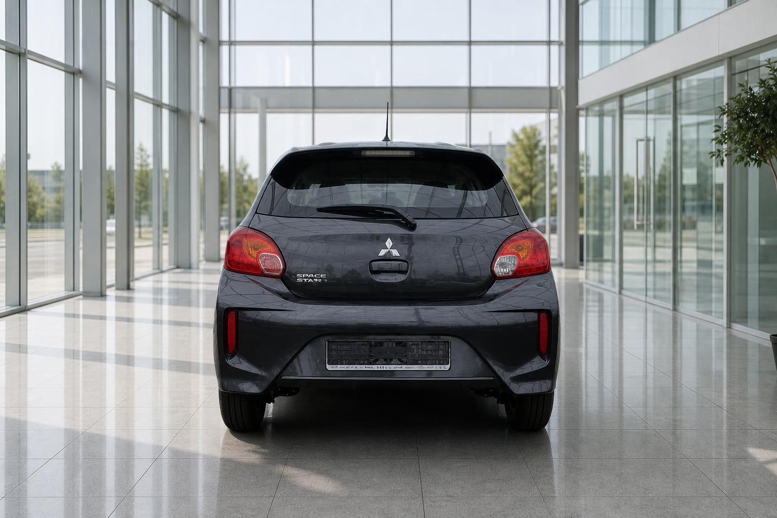 Mitsubishi Space Star dunkelgrau Heckansicht im Autohaus Showroom