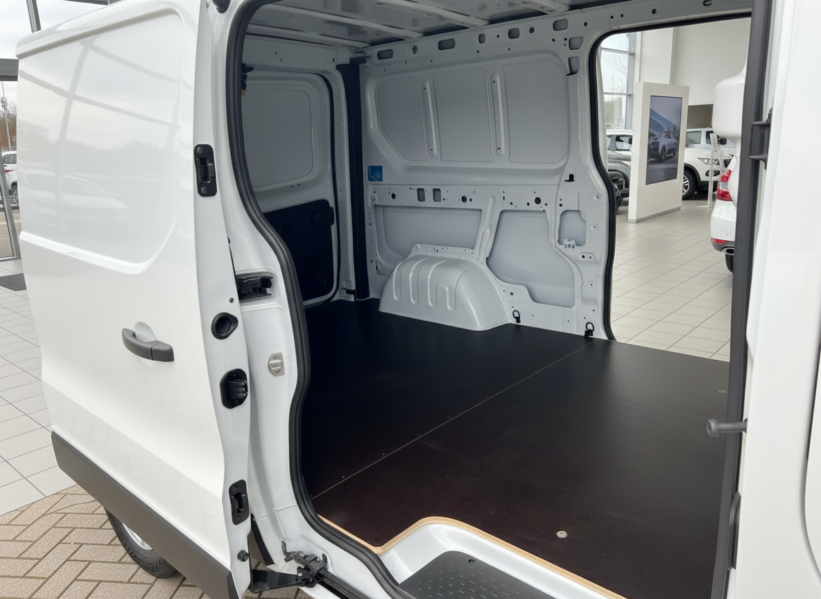 Weißer Transporter Laderaum mit schwarzem Holzboden geöffnete Hecktüren Autohaus