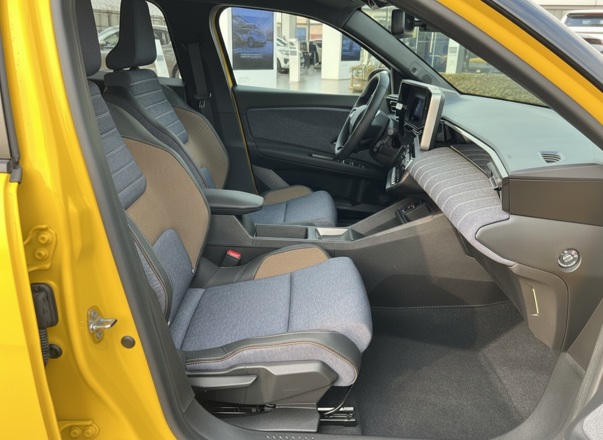 Innenraum gelbes Fahrzeug mit grauen Stoffsitzen und Infotainment-Display Beifahrerseite