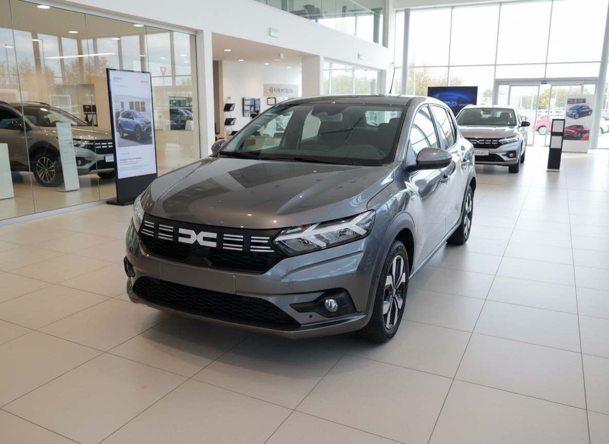 Dacia Sandero in Grau in modernem Autohaus-Showroom, Frontansicht