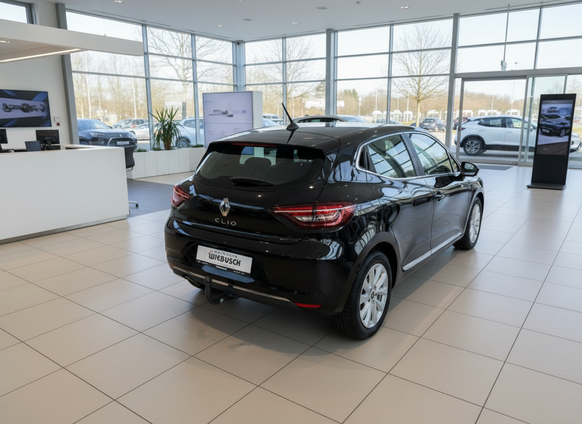 Schwarzer Renault Clio Hatchback im Autohaus Wiebusch Showroom – Heckansicht