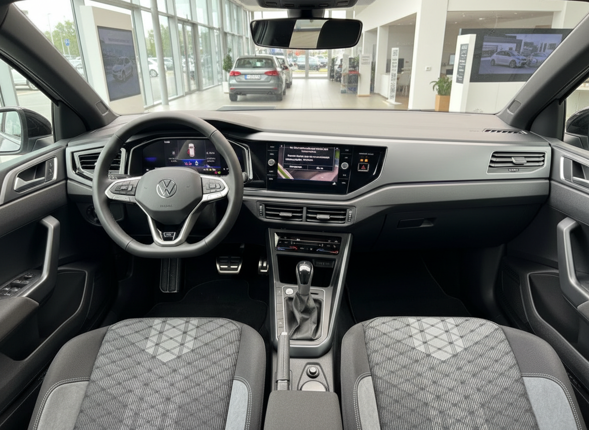 Volkswagen Innenraum mit digitalem Cockpit, Lenkrad und Infotainmentsystem in grauem Interieur