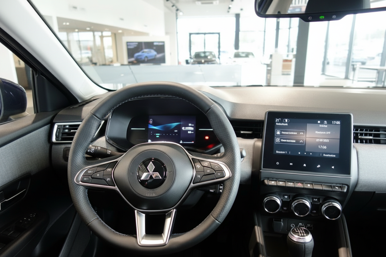 Mitsubishi Innenraum mit Lenkrad, Digitaltacho und Infotainment-Display im Autohaus