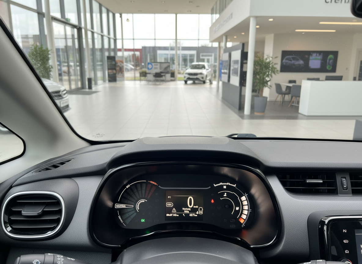 Fahrzeug-Innenraum mit digitalem Cockpit und Tacho bei 0 km/h im Autohaus-Showroom