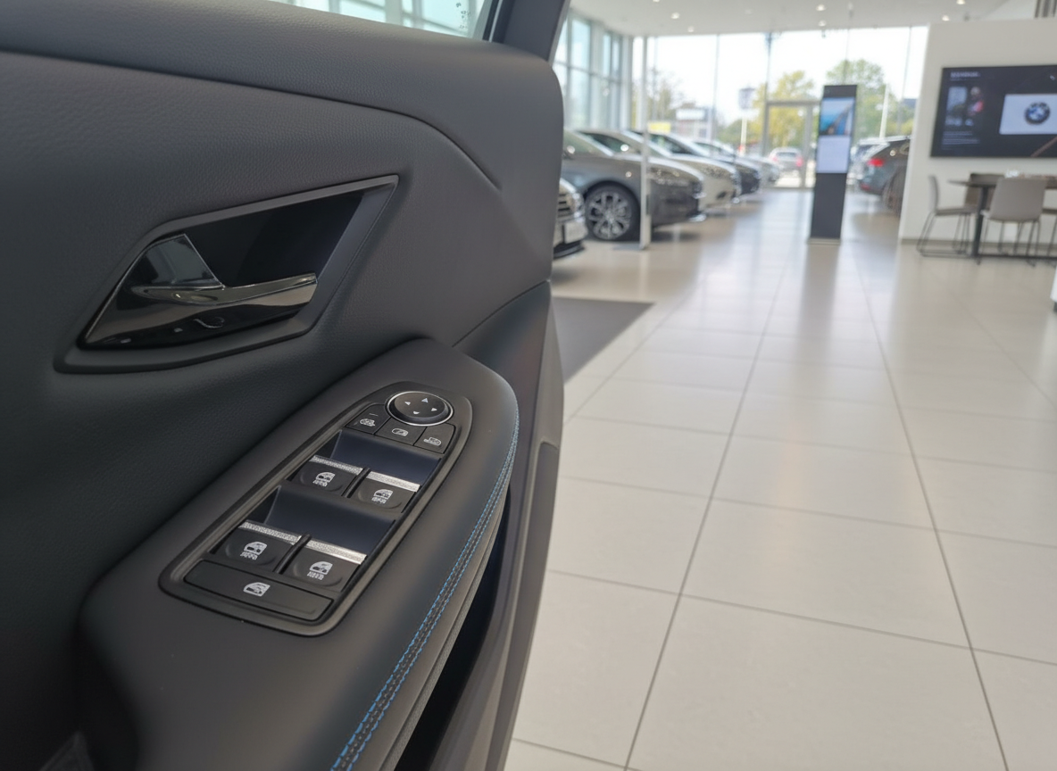 BMW Fahrzeuginnenraum Fahrertür mit Fensterheber und Spiegelverstellung im Autohaus