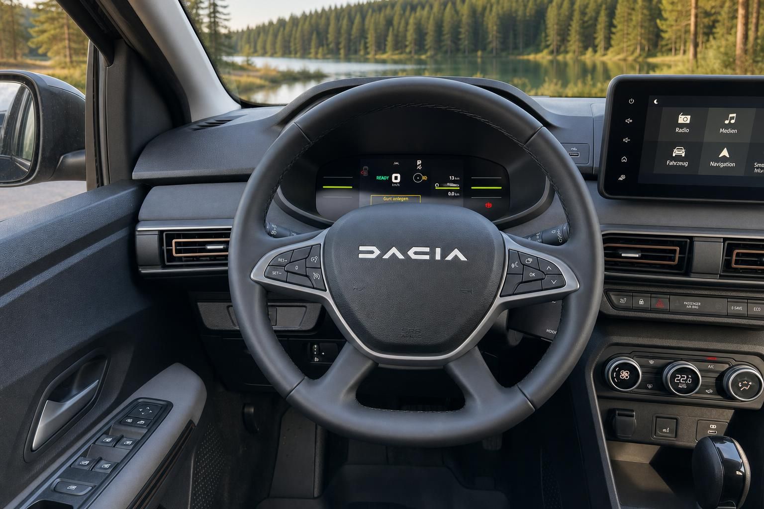 Dacia Lenkrad und Armaturenbrett mit digitalem Display und Touchscreen - Fahrzeug Cockpit Innenansicht
