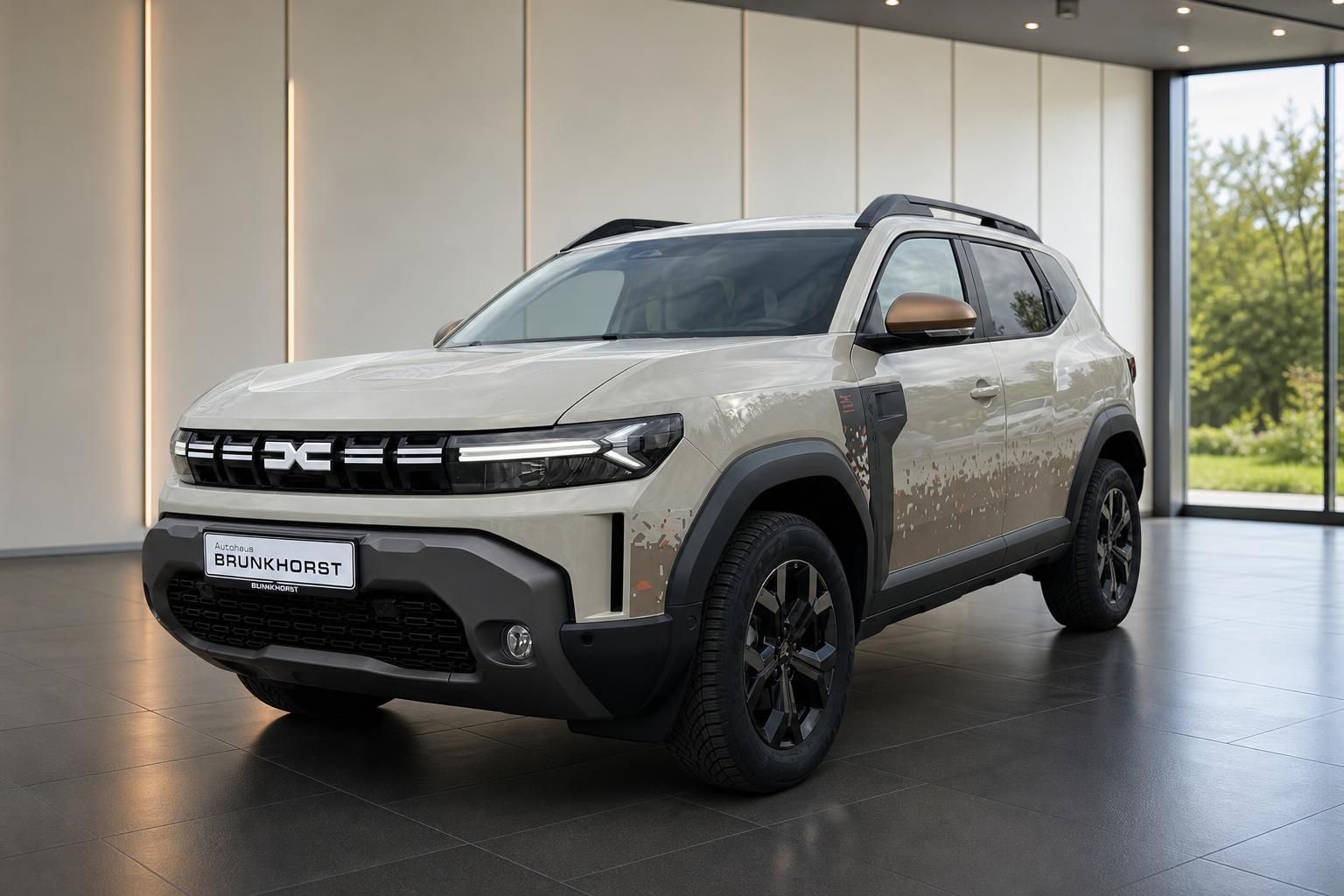 Dacia Duster SUV in weiss mit Tarnmuster, Frontansicht im Autohaus Showroom