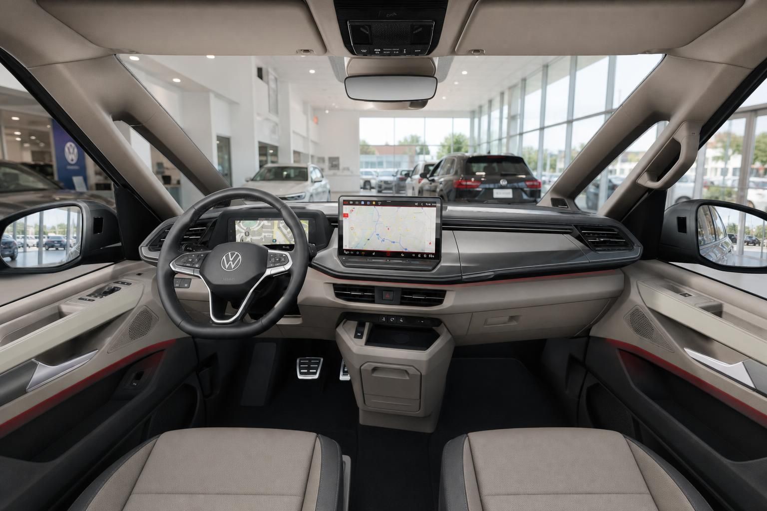 VW Multivan Innenraum mit Cockpit, Lenkrad und Touchscreen-Navigation