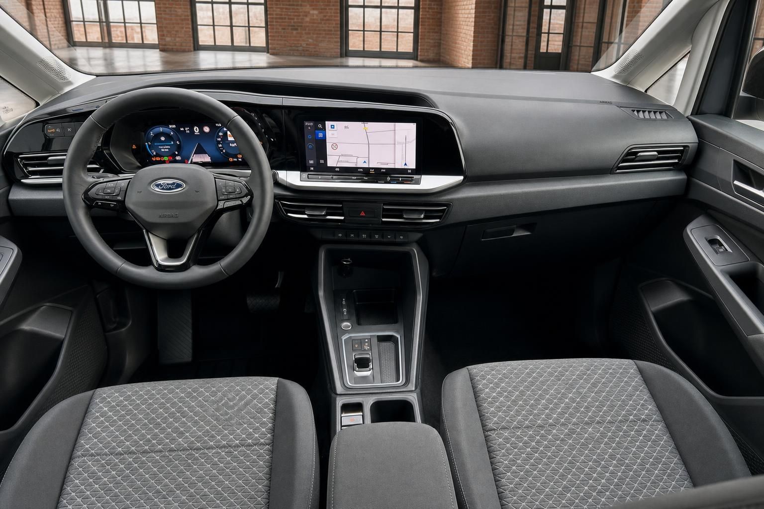 Ford Cockpit Ansicht mit Lenkrad, Sitzen und Touchscreen