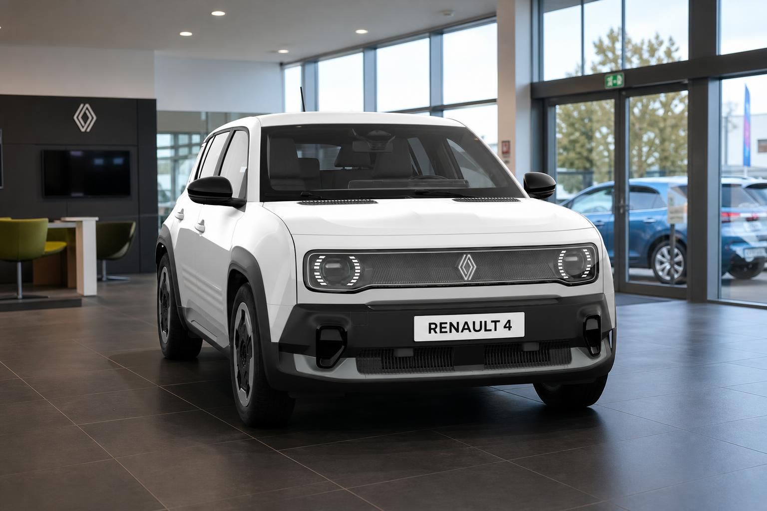 Weißer Renault 4 E-Tech Frontansicht im Autohaus Showroom