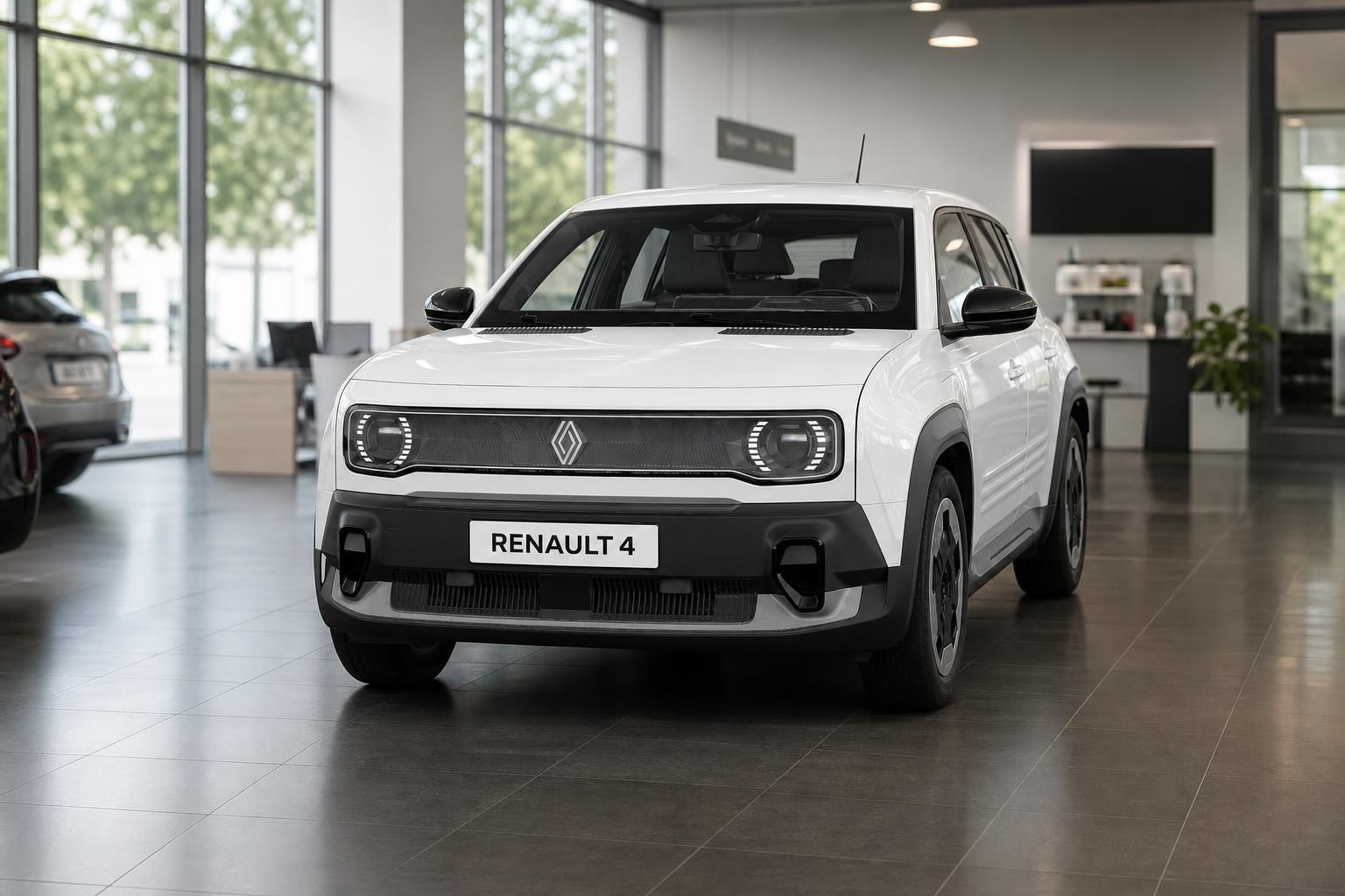 Renault 4 E-Tech in Weiß, Frontansicht im Showroom des Autohauses