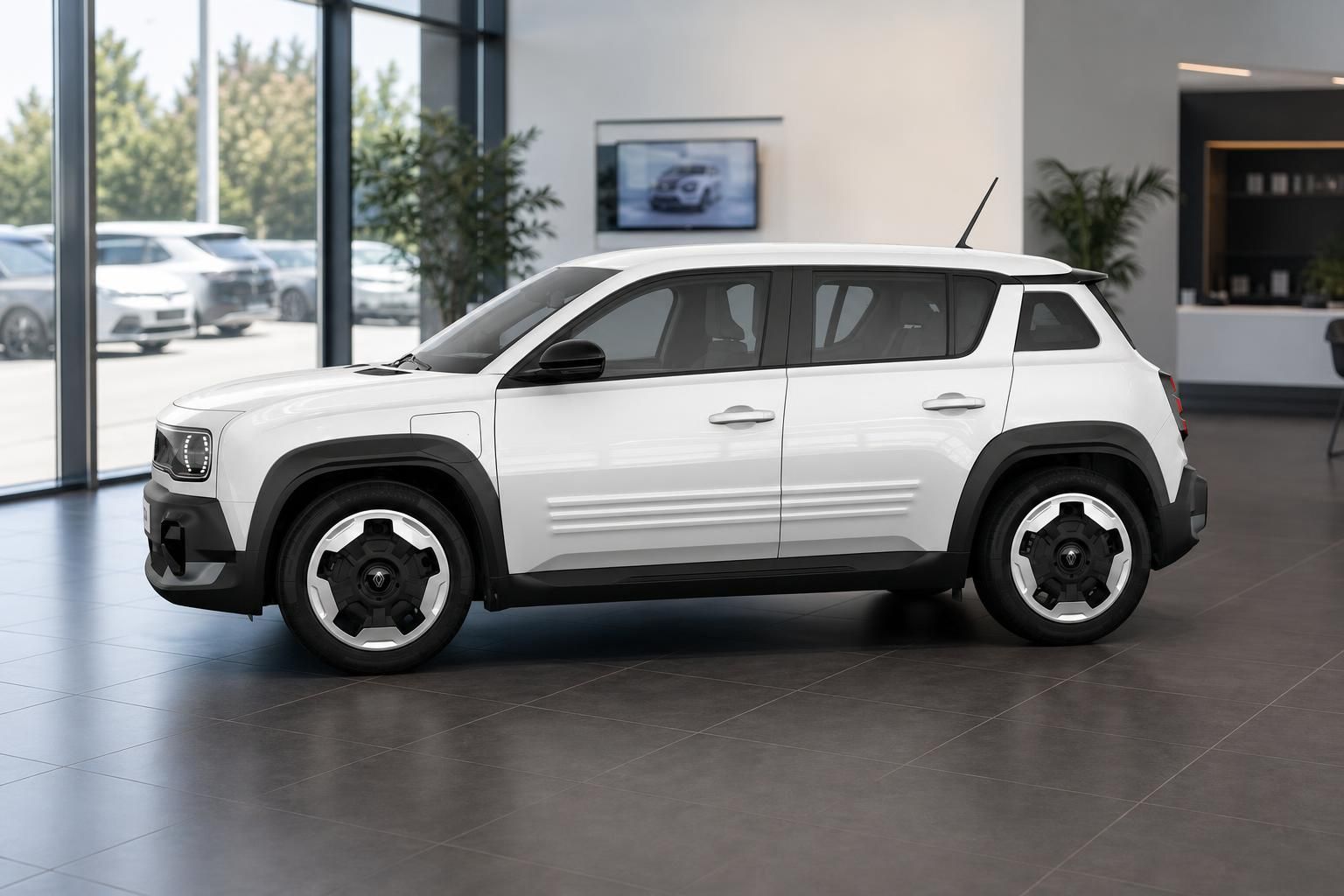 Weißer Renault 4 Seitenprofil in modernem Autohaus
