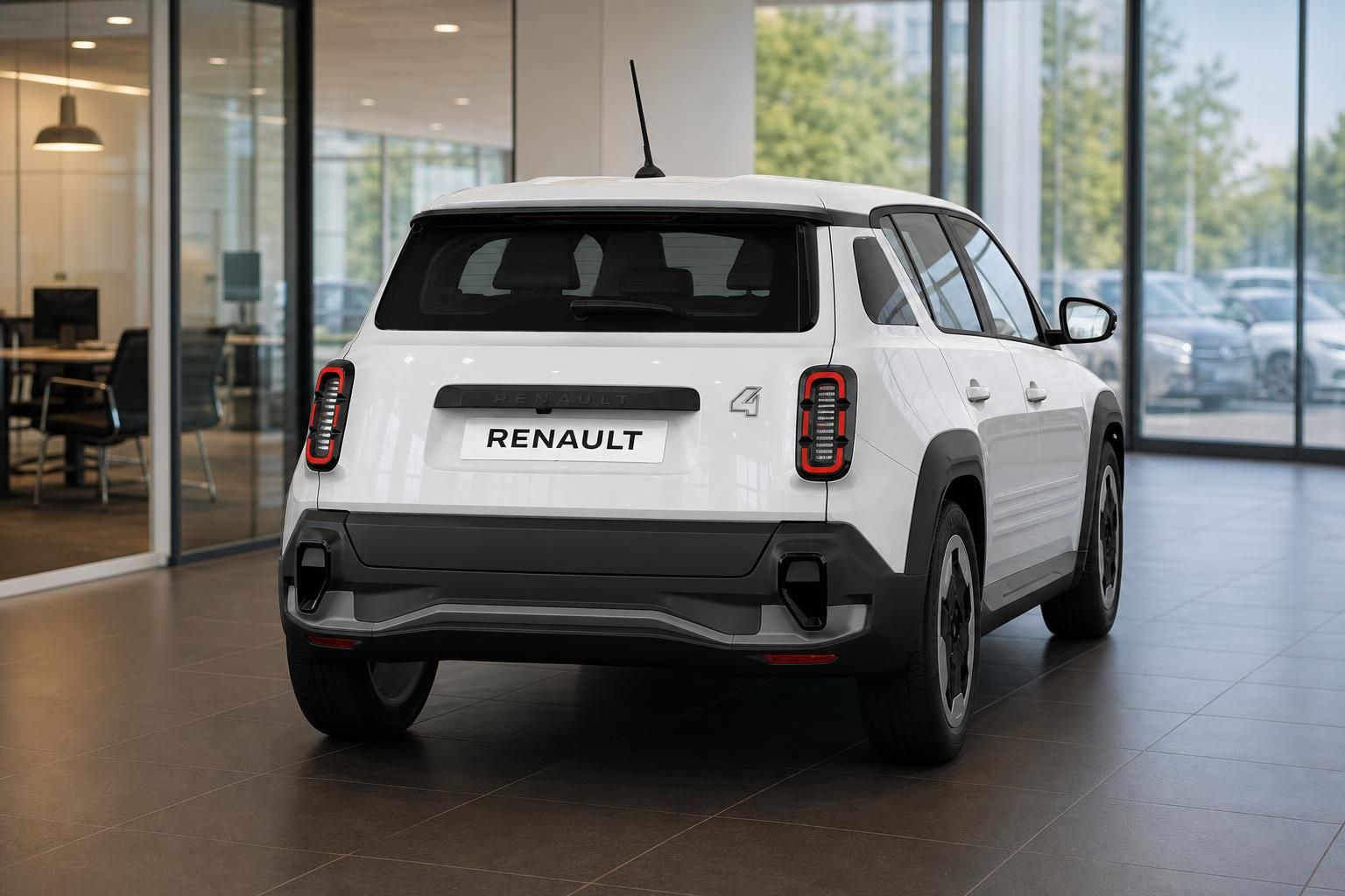 Renault 4 in Weiß, Heckansicht im Autohaus Showroom